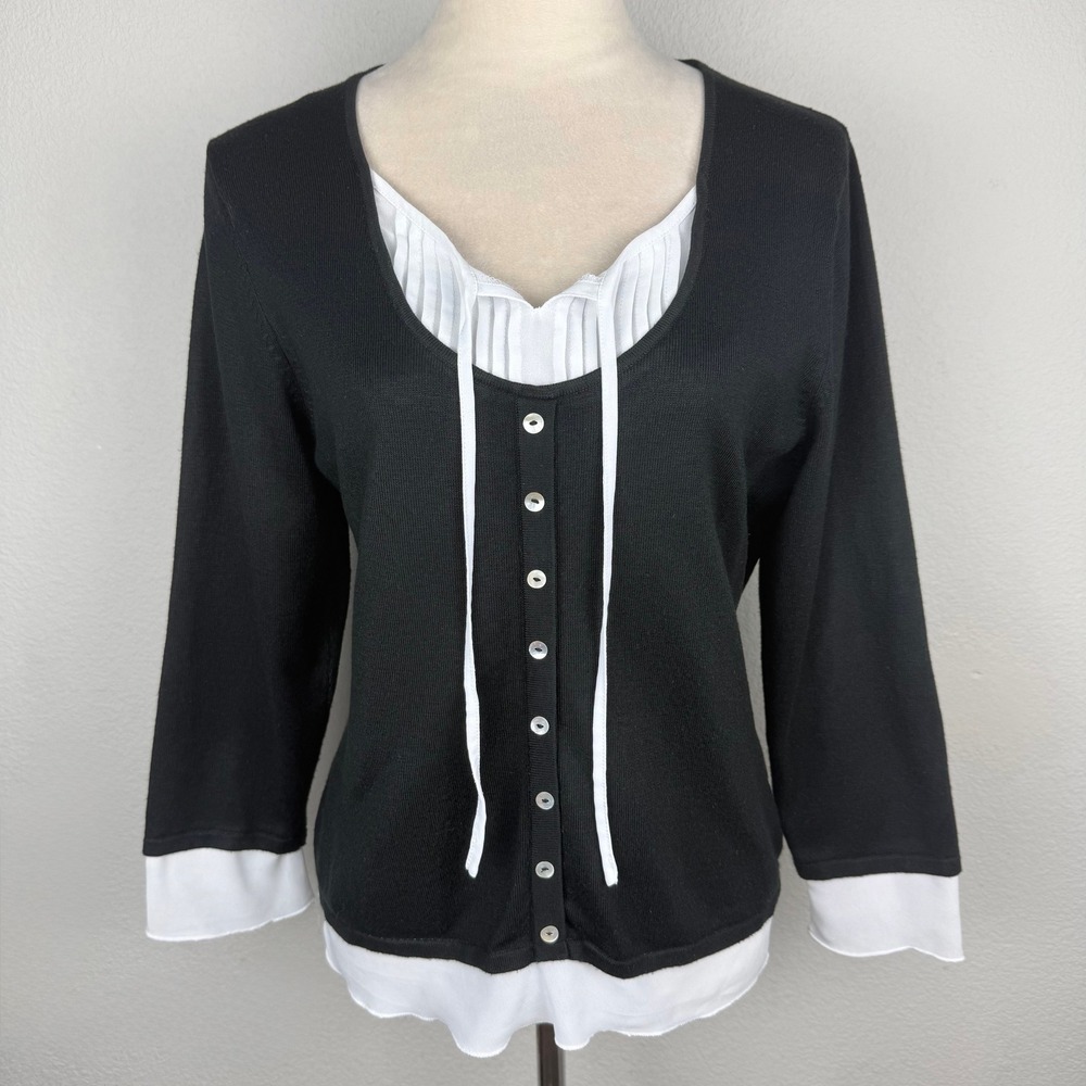 Covington Black White Layered Look Sweater Blouse Top Large 3/4 Sleeve Tie Neck